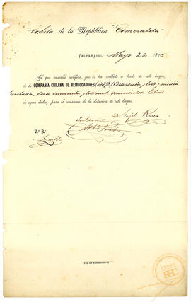 Recibo de Corbeta Esmeralda a Compañía Chilena de Remolcadores 1875